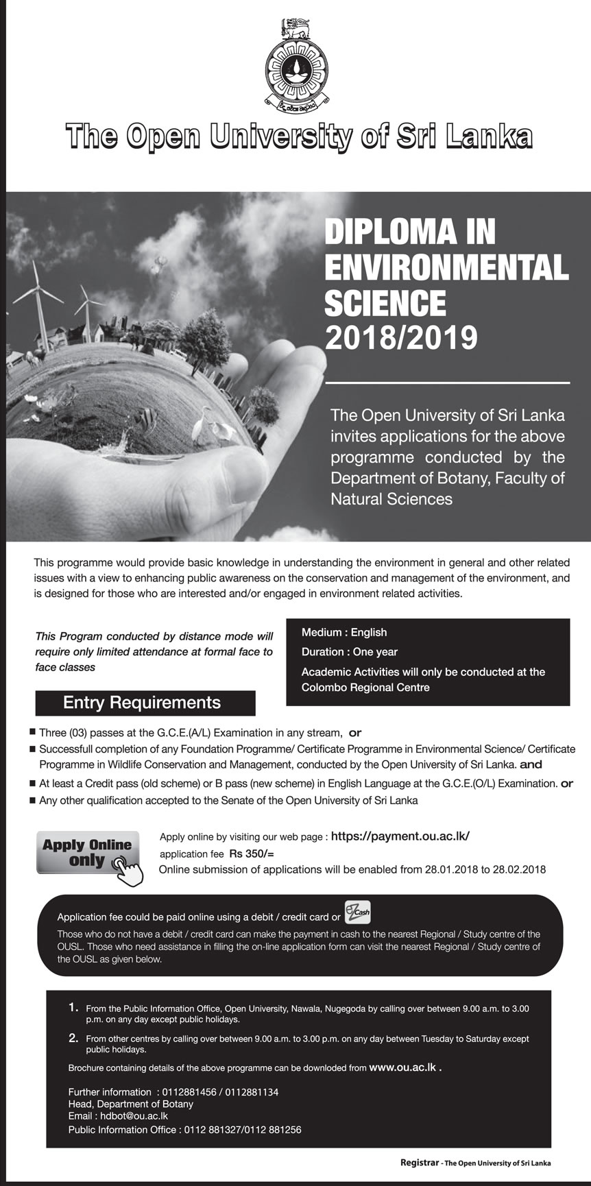 Diploma in Environmental Science (2018/2019) - The Open University of Sri Lanka